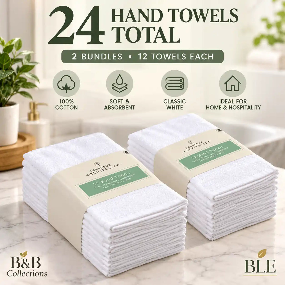 Grandeur Hospitality White Hand Towels, Soft & Absorbent Cotton Towels for Bathroom, Guest Room, Hotel & Spa, 12 Count per Bundle (2-Pack, 24 Towels Total)