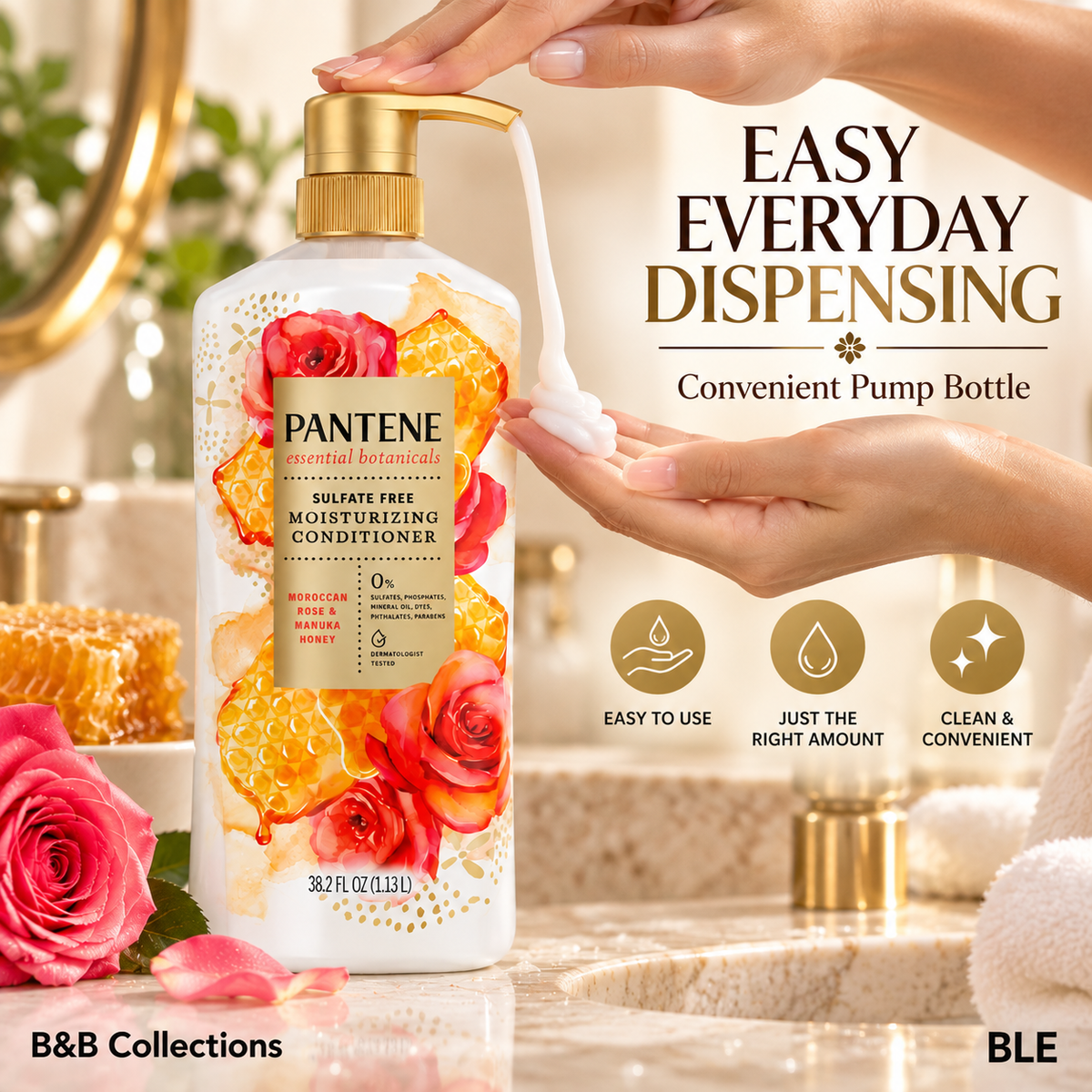 Pantene Essential Botanicals Moisturizing Conditioner with Moroccan Rose & Manuka Honey, Sulfate Free, 38.2 fl oz