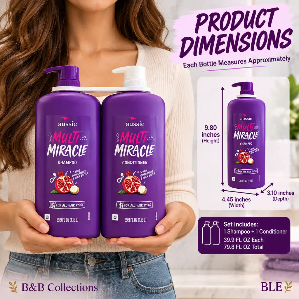 Aussie Multi Miracle Shampoo & Conditioner Set, 39.9 fl oz Each, with Pomegranate & Shea Butter, for All Hair Types (2-Pack)