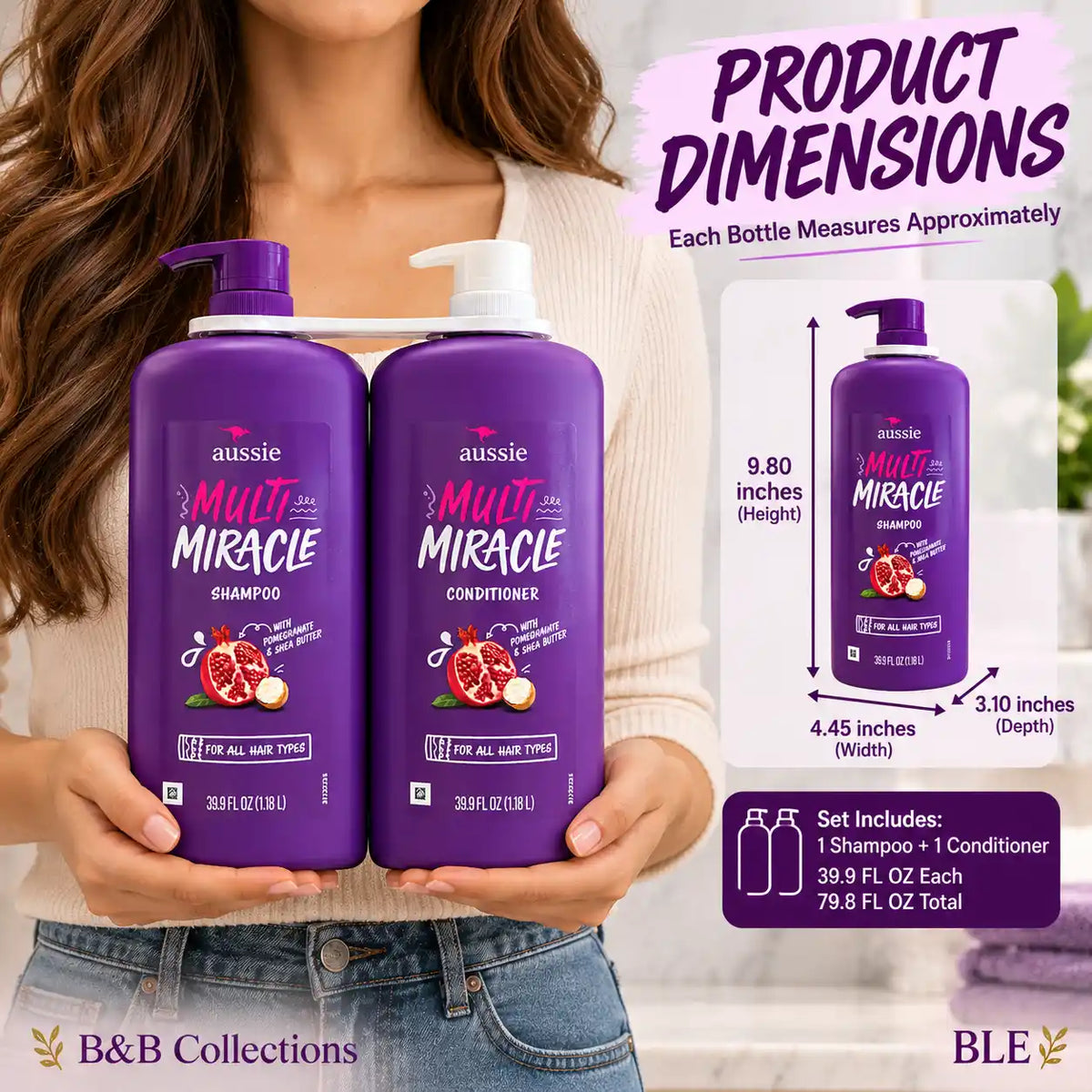 Aussie Multi Miracle Shampoo & Conditioner Set, 39.9 fl oz Each, with Pomegranate & Shea Butter, for All Hair Types (2-Pack)
