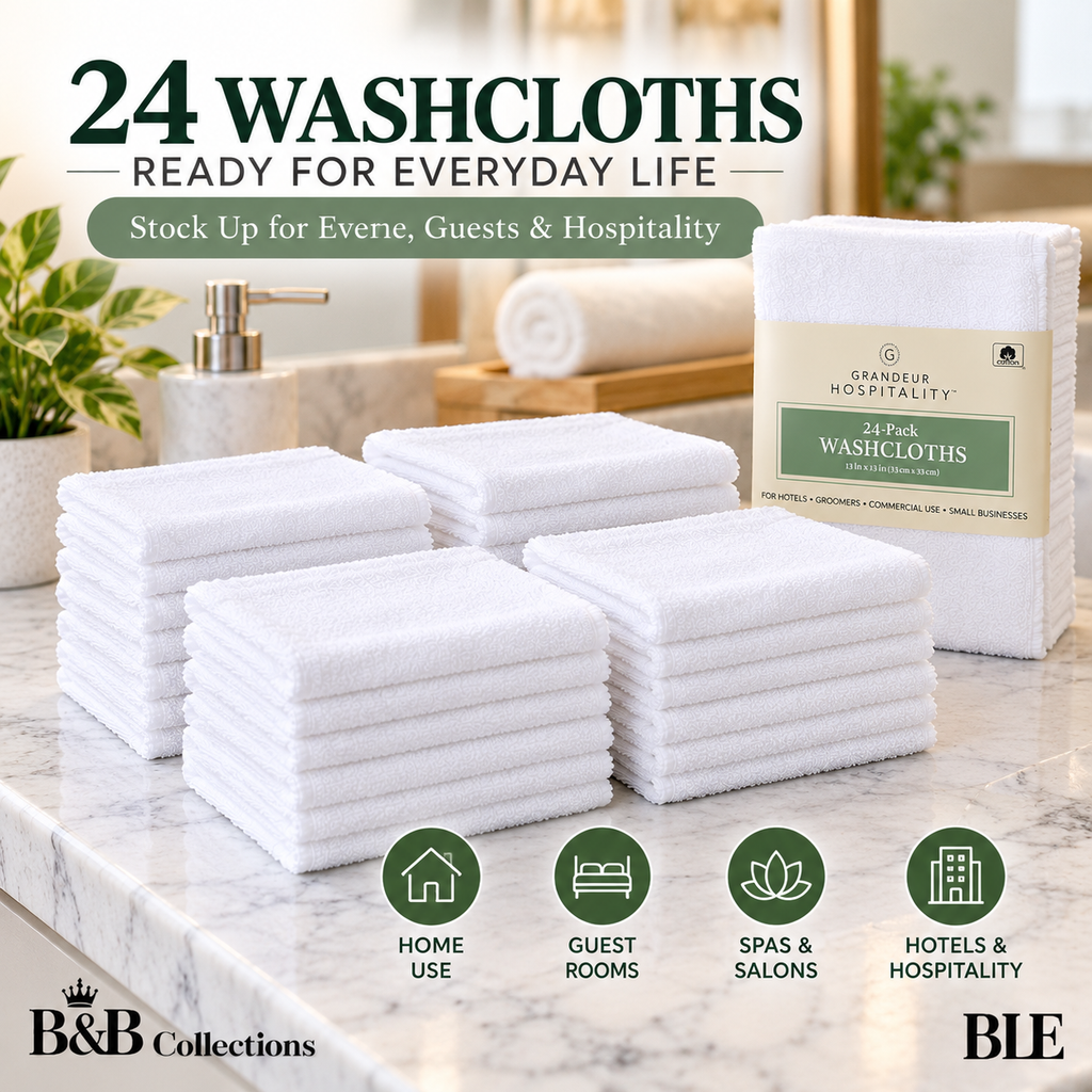 Grandeur Hospitality Washcloths, 100% Cotton, Soft & Absorbent, 13" x 13", White, 24-Pack, for Bathroom, Hotels, Spa & Everyday Use