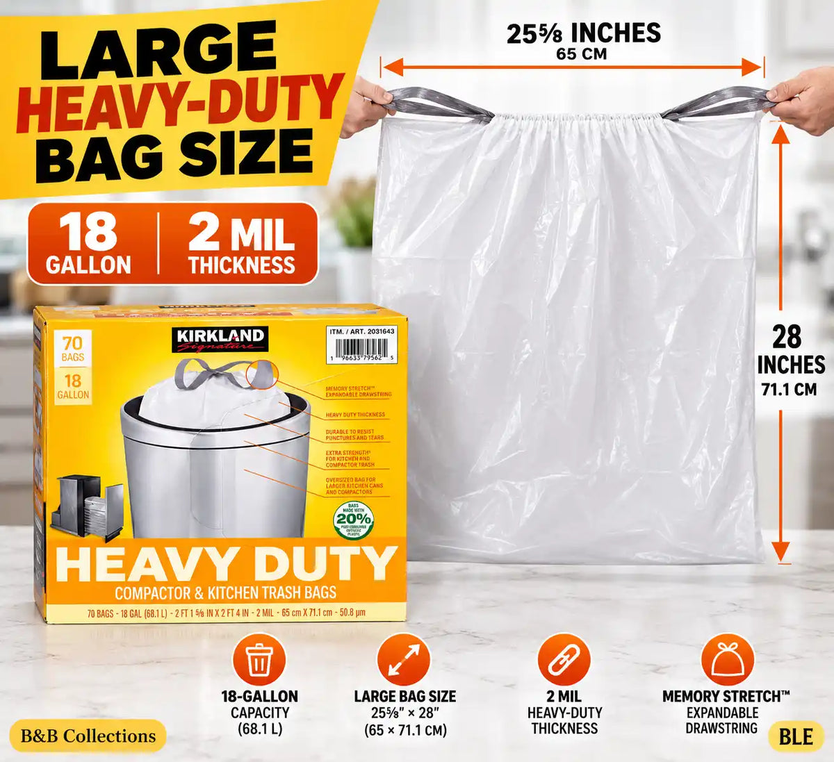 Kirkland Signature 18 Gallon Trash Bags – Heavy Duty Compactor & Kitchen Garbage Bags, 2 Mil Thick, Expandable Drawstring (70 Count)