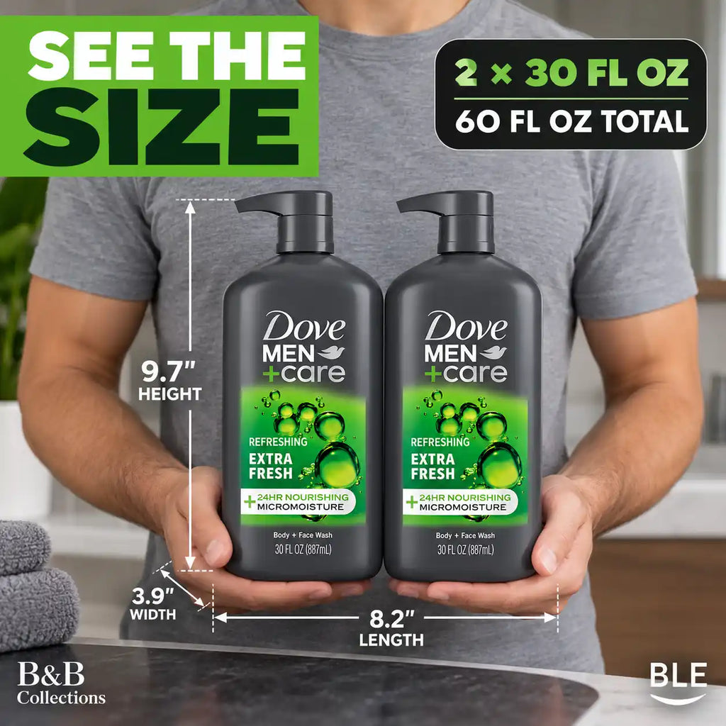 Dove Men+Care Extra Fresh Body & Face Wash, Sulfate-Free, 24HR Nourishing MicroMoisture, Refreshing Scent, 30 fl oz Each, 2-Pack (60 fl oz Total)