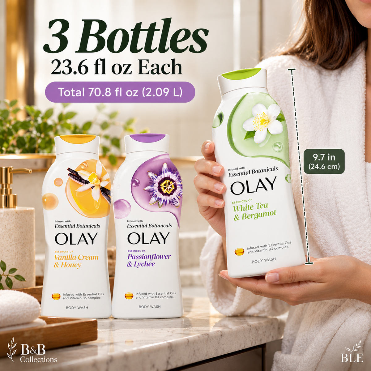 Olay Essential Botanicals Body Wash Variety Pack, Vanilla Cream & Honey, Passionflower & Lychee, White Tea & Bergamot, Essential Oil Infused, 23.6 fl oz Each, 3-Pack