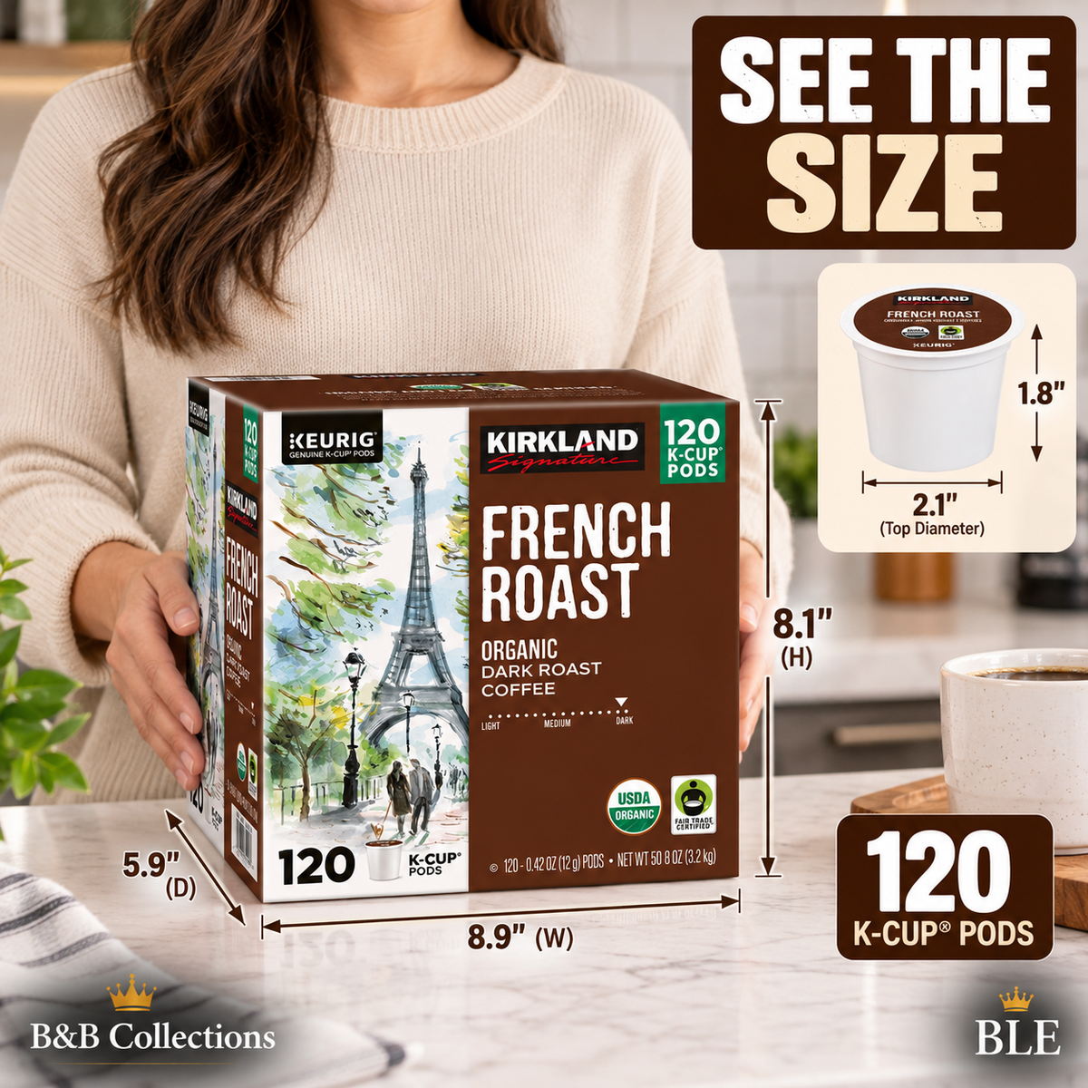 Kirkland Signature Organic French Roast Coffee K-Cup Pods, Dark Roast, Keurig Compatible, USDA Organic, Fair Trade Certified, 120 Count