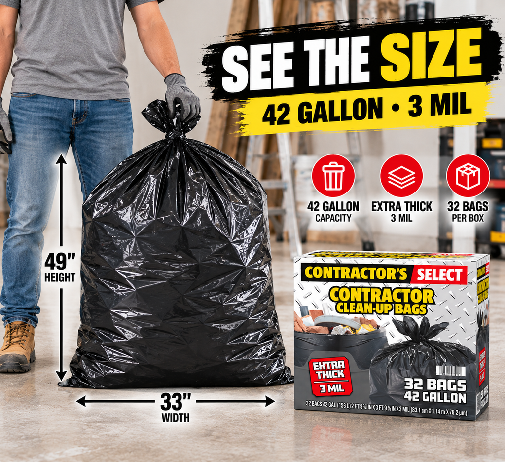 Contractor's Select Extra Thick Contractor Clean-Up Bags, 42 Gallon, 3 Mil Heavy-Duty Black Trash Bags, 32 Count