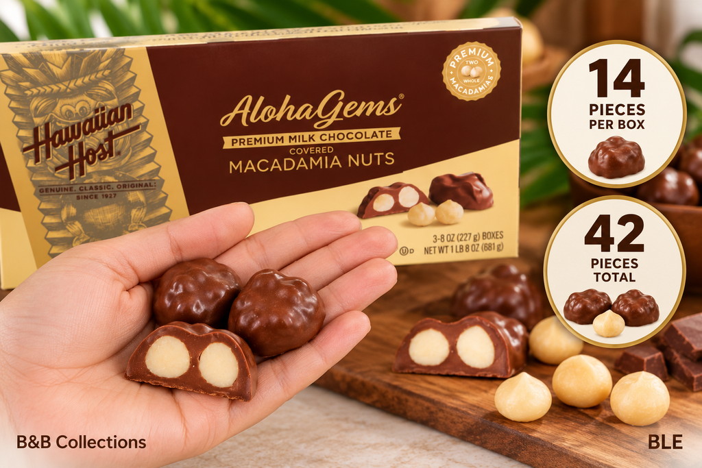 Hawaiian Host Aloha Gems Milk Chocolate Covered Macadamia Nuts, 8 oz Each, 3-Pack (24 oz Total), Premium Hawaiian Chocolate Candy, 42 Pieces