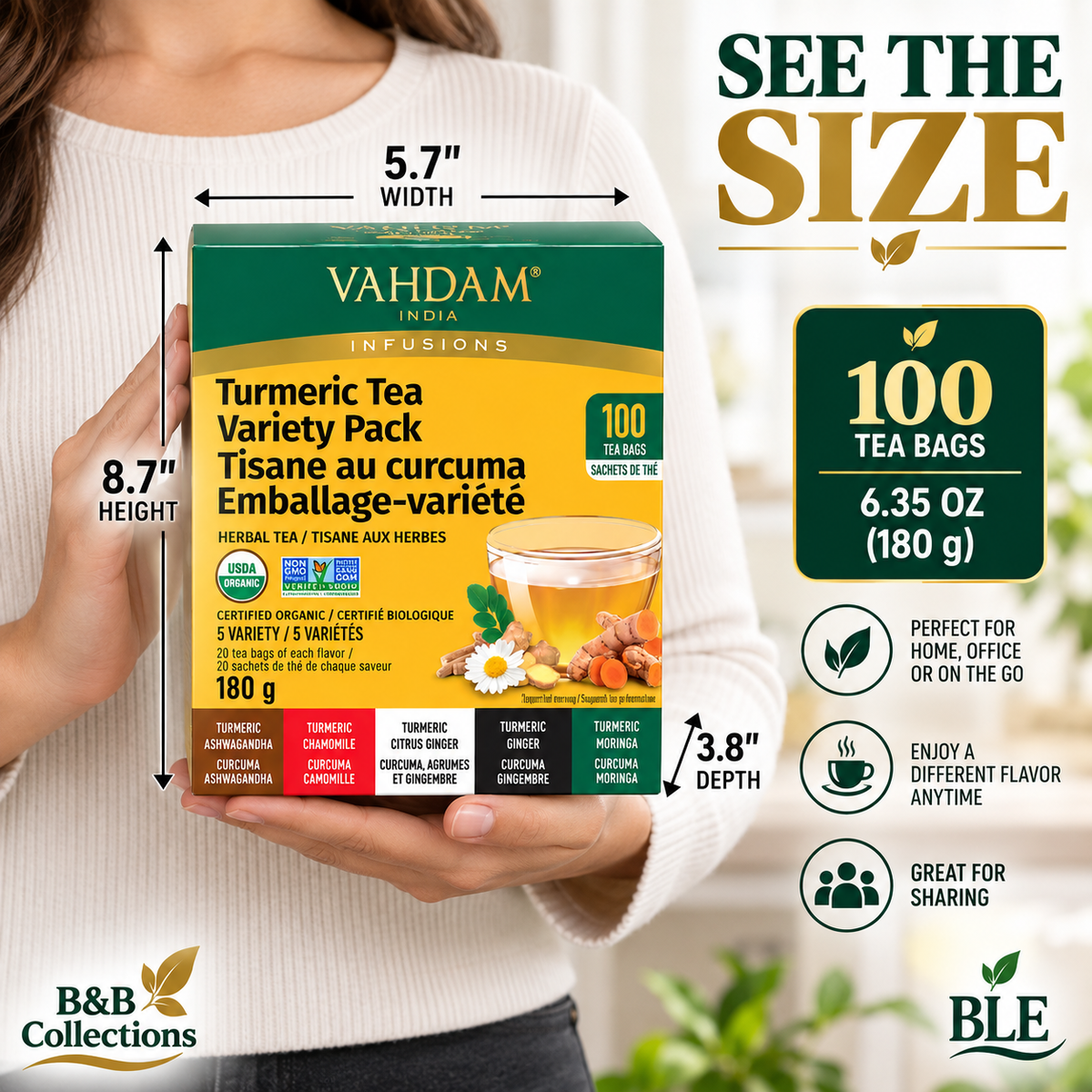 VAHDAM India Infusions Organic Turmeric Herbal Tea Variety Pack, Caffeine Free, 100 Tea Bags, 5 Varieties, 6.35 oz
