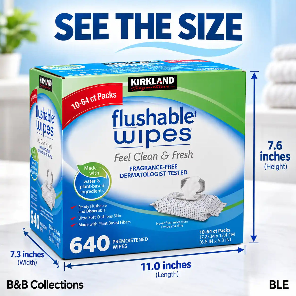 Kirkland Signature Flushable Wipes, Fragrance-Free, Dermatologist Tested, Ultra Soft, 10 Packs, 64 Wipes Each, 640 Count