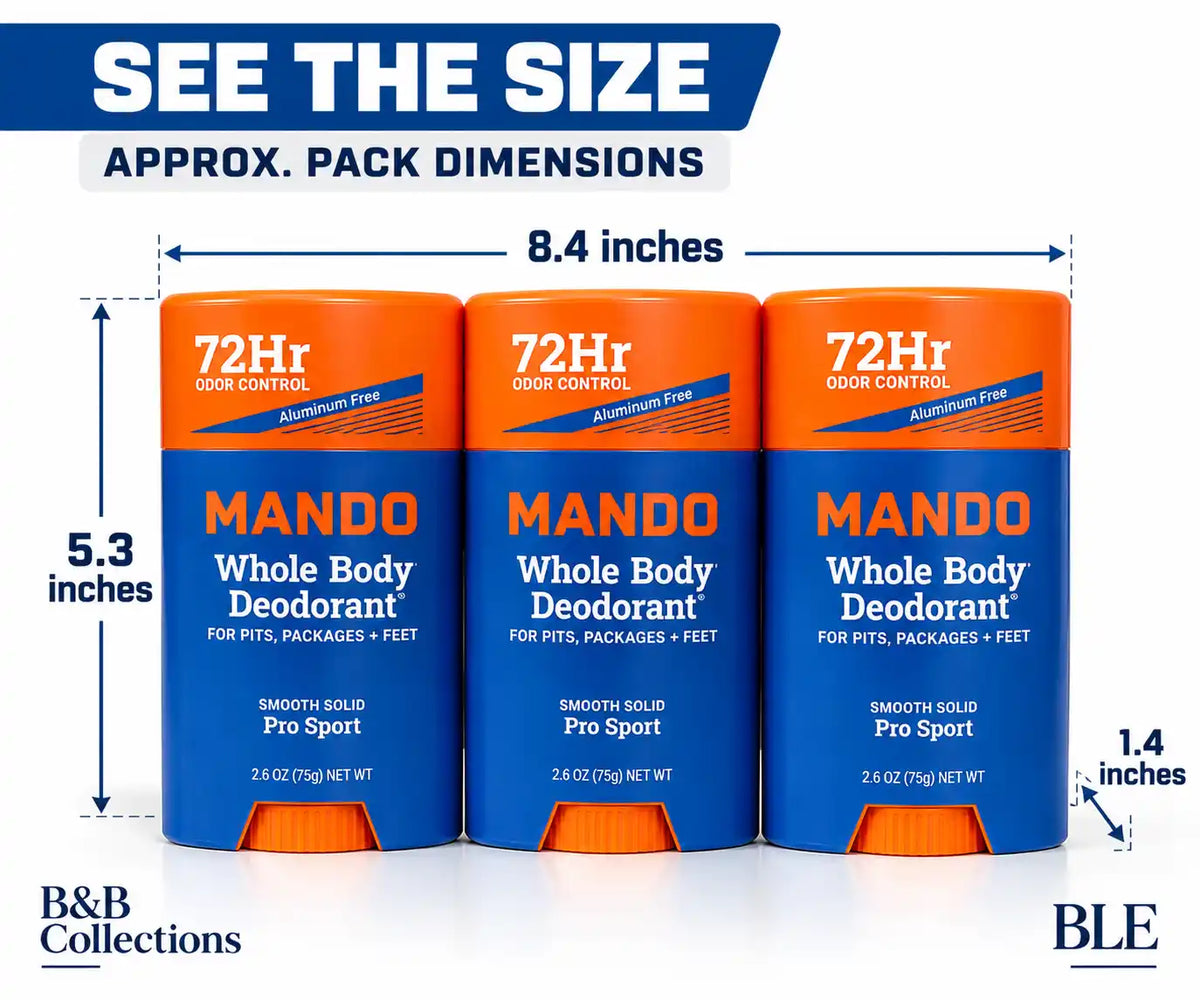 Mando Whole Body Deodorant for Men, Pro Sport Scent, 72-Hour Odor Control, Aluminum-Free Smooth Solid, 2.6 oz Each, 3 Pack, 7.8 oz Total