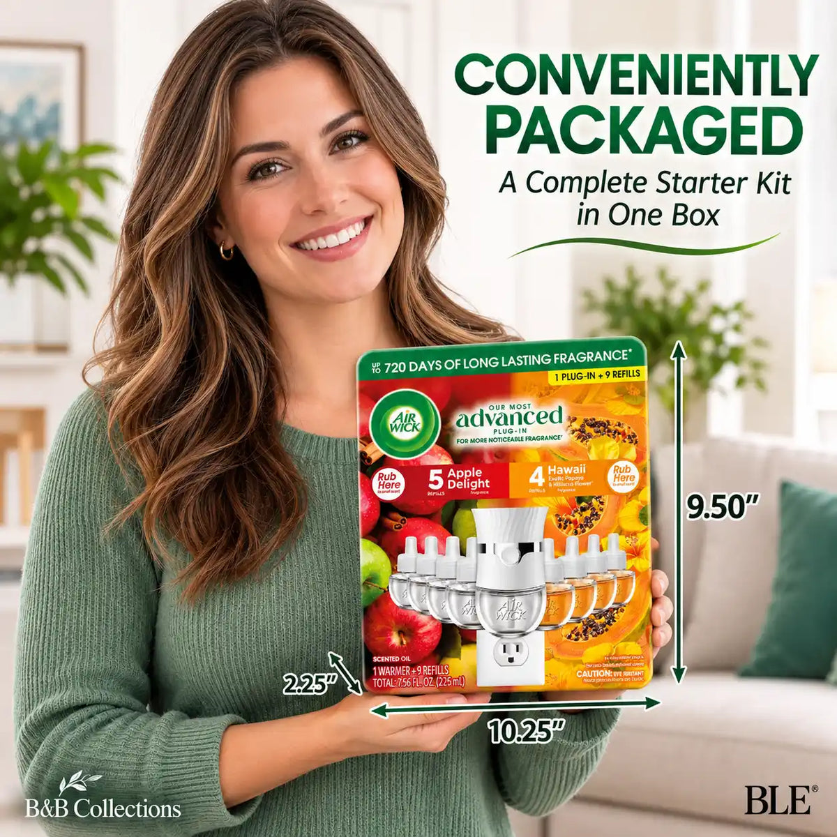 Air Wick Advanced Plug-In Scented Oil Starter Kit, 1 Warmer + 9 Refills, Apple Delight & Hawaii Exotic Papaya Hibiscus Flower, Up to 720 Days of Fragrance