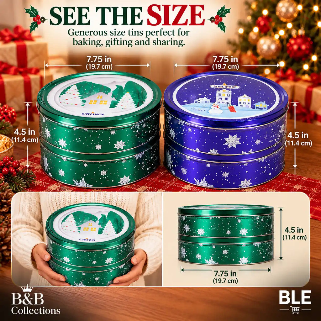 Holiday Winter Village Decorative Cookie Tins, Assorted Christmas Designs, Green & Purple Metal Tins, 4-Pack, 4 lb Total