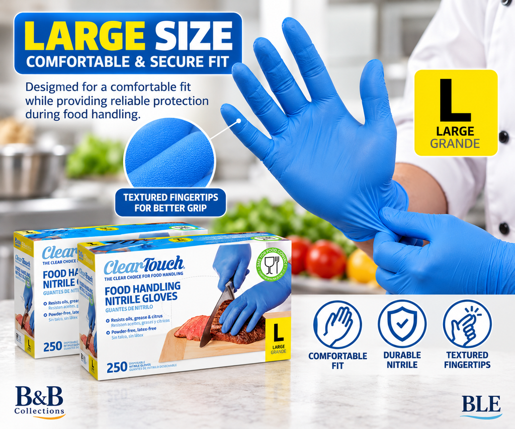 Medline Clear-Touch Food Handling Nitrile Gloves, Latex-Free & Powder-Free, Blue Disposable Gloves, Large, 2-Pack, 500 Count (250 per Box)