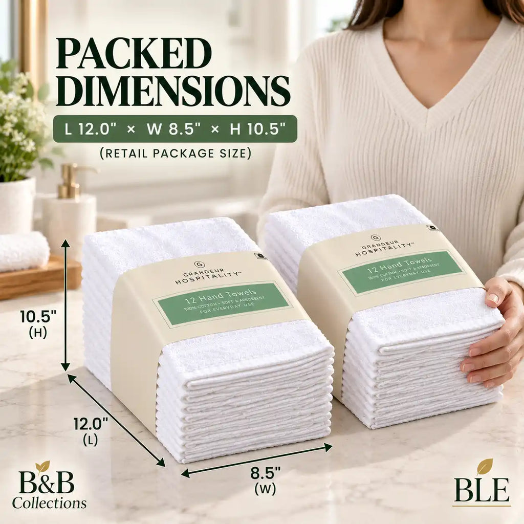 Grandeur Hospitality White Hand Towels, Soft & Absorbent Cotton Towels for Bathroom, Guest Room, Hotel & Spa, 12 Count per Bundle (2-Pack, 24 Towels Total)