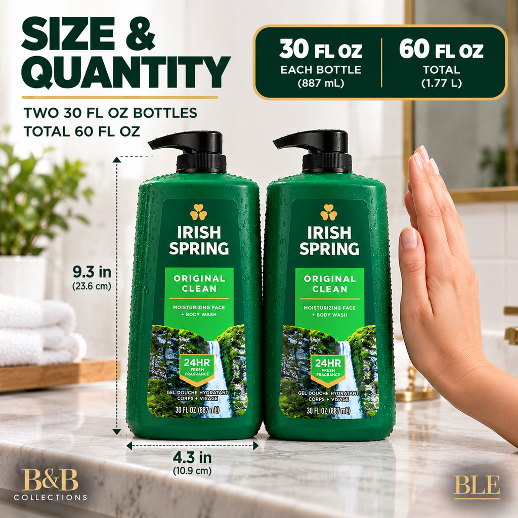Irish Spring Original Clean Body Wash for Men, Moisturizing Face & Body Wash, 24-Hour Freshness, 30 fl oz Each (Pack of 2, 60 fl oz Total)