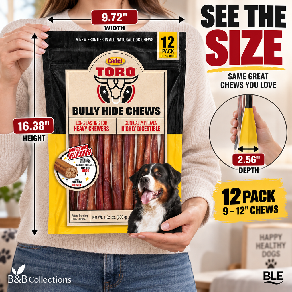 Cadet Toro Bully Hide Chews for Dogs, 9–12 Inch, Long Lasting Beef Hide Chews, 12 Pack, 1.32 lb