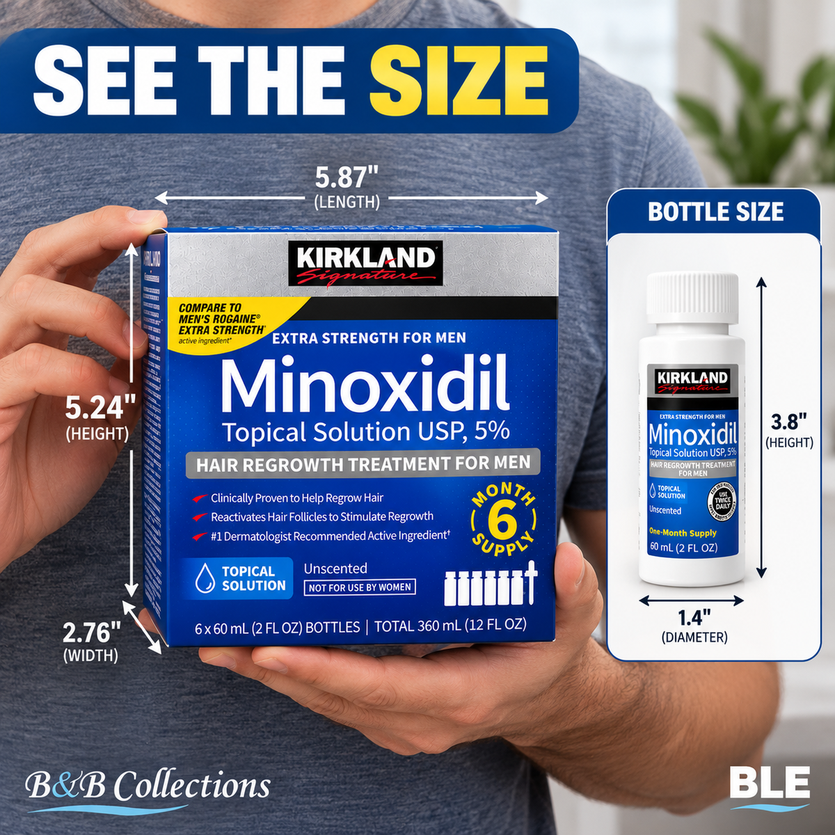 Kirkland Signature Minoxidil 5% Topical Solution for Men, Extra Strength Hair Regrowth Treatment, Unscented, 6-Month Supply, 6 x 60 mL