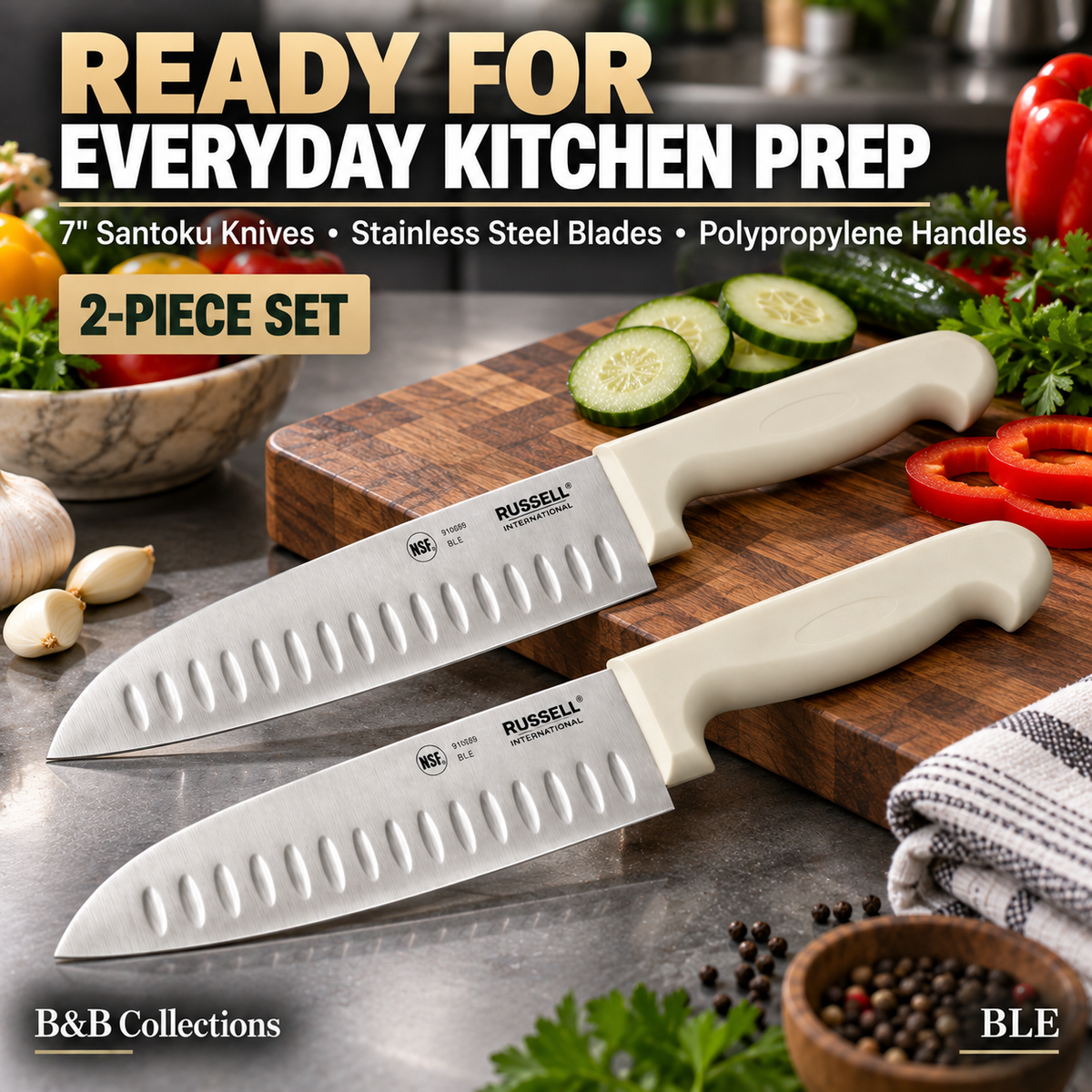 Russell International Santoku Kitchen Knives, 7 in Stainless Steel Blades, White Polypropylene Handles, 2-Pack