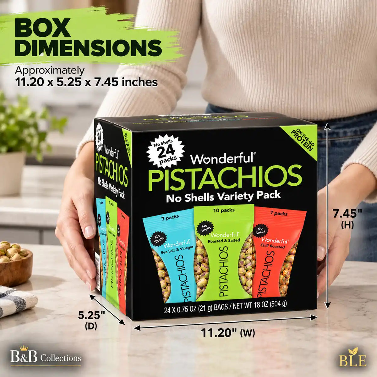 Wonderful Pistachios No Shells Variety Pack, 24 Individual Snack Bags, Roasted & Salted, Sea Salt & Vinegar, Chili Roasted, 0.75 oz Each, 18 oz Total