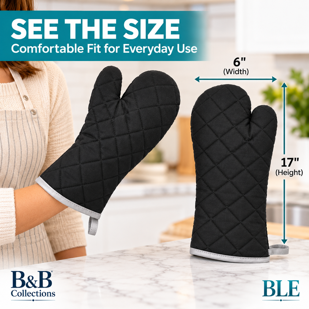 Nouvelle Legende Flame Retardant Quilted Oven Mitts, Heat-Resistant Kitchen & Outdoor Cooking Gloves, Black, 2-Pack
