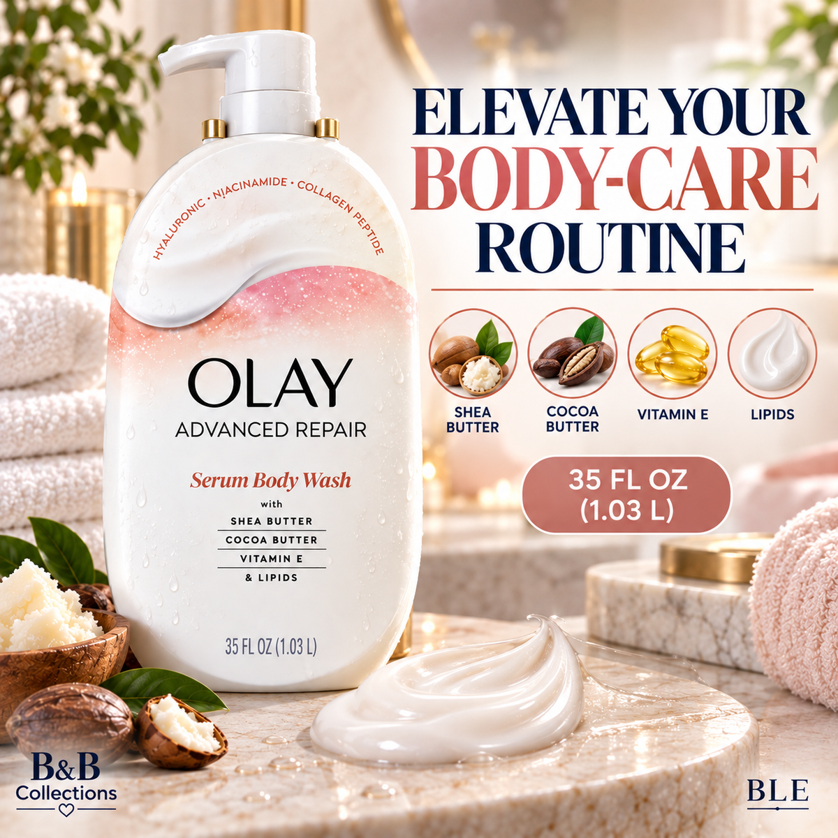 Olay Advanced Repair Serum Body Wash with Shea Butter, Cocoa Butter, Vitamin E & Lipids, 35 fl oz