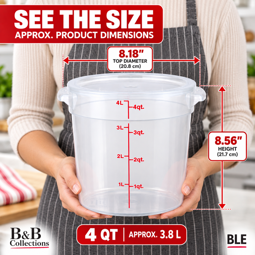 4 Qt Round Food Storage Container with Lid, Clear Graduated Container, Red Quart & Liter Measurement Markings, 3.8 L Capacity