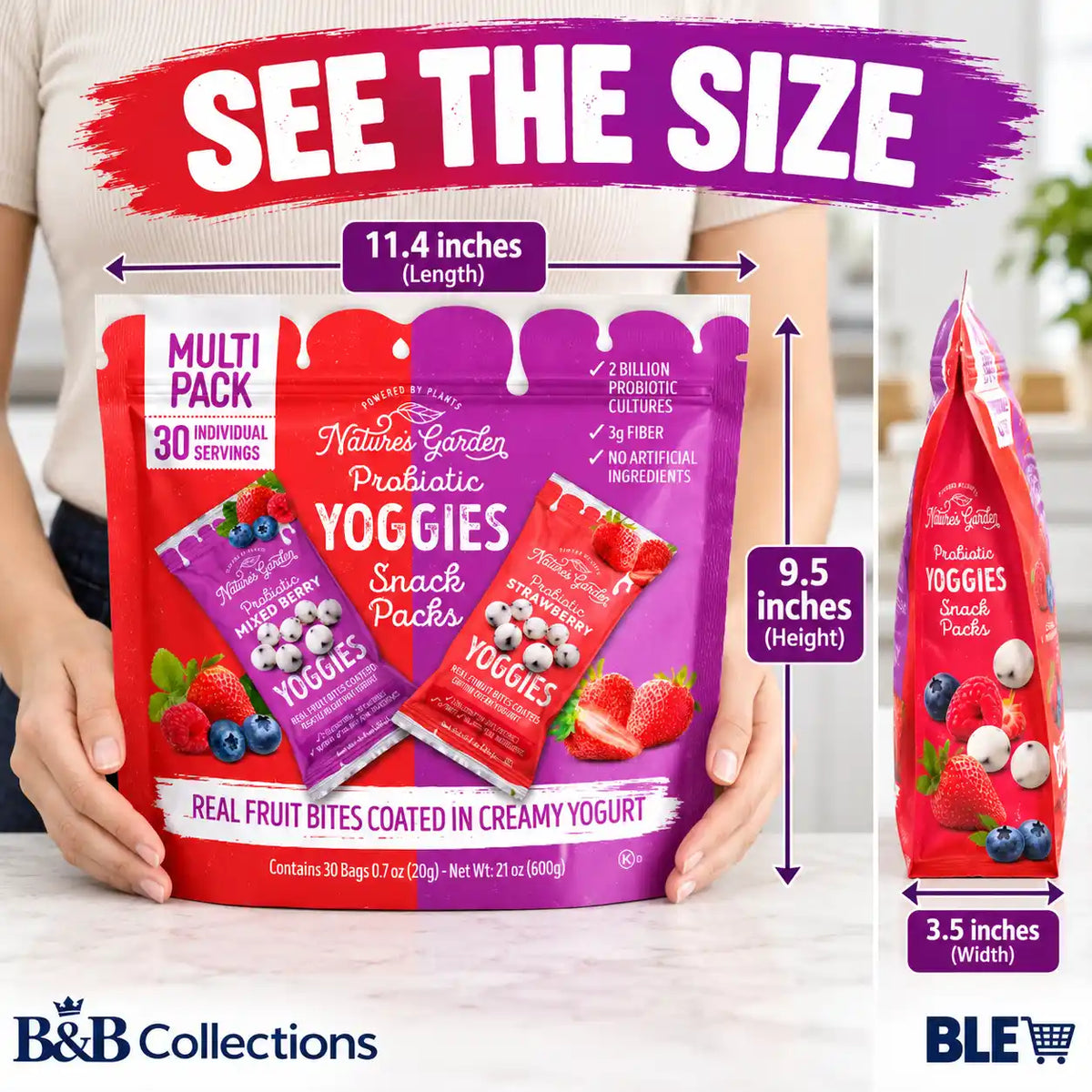 Nature’s Garden Probiotic Yoggies Snack Packs, Strawberry & Blueberry Yogurt-Coated Fruit Bites, 2 Billion Probiotic Cultures, 3g Fiber, 30 Individual Bags, 21 oz