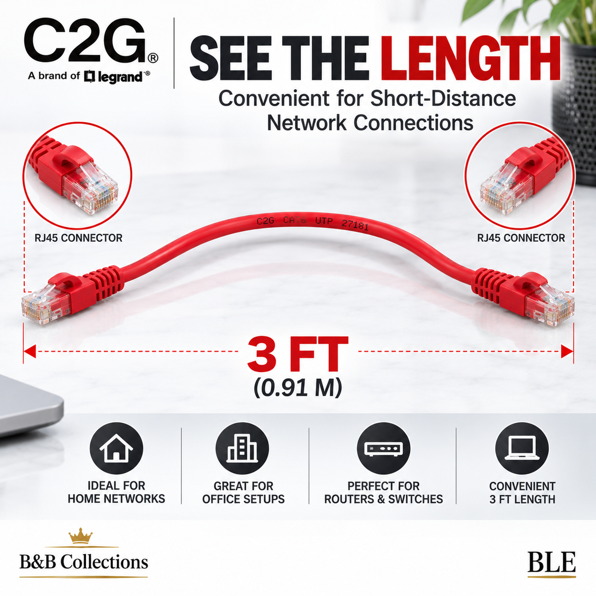 C2G 3ft Cat6 Snagless Unshielded (UTP) Ethernet Network Patch Cable, Red