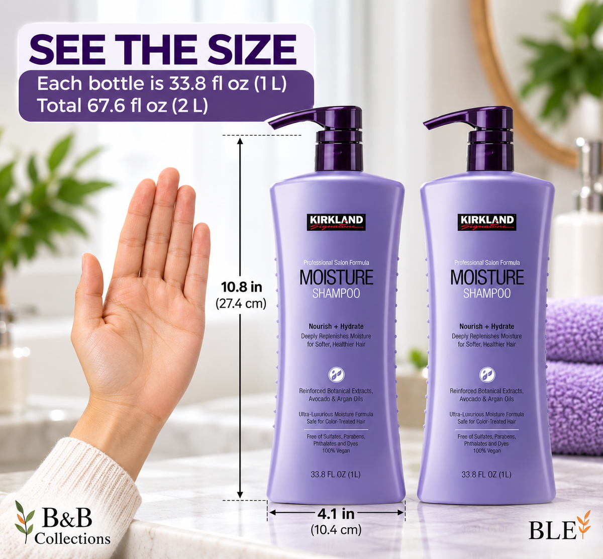 Kirkland Signature Moisture Shampoo, Nourish + Hydrate, Professional Salon Formula, Argan & Avocado Oil, Sulfate-Free, 33.8 fl oz Each, 2-Pack