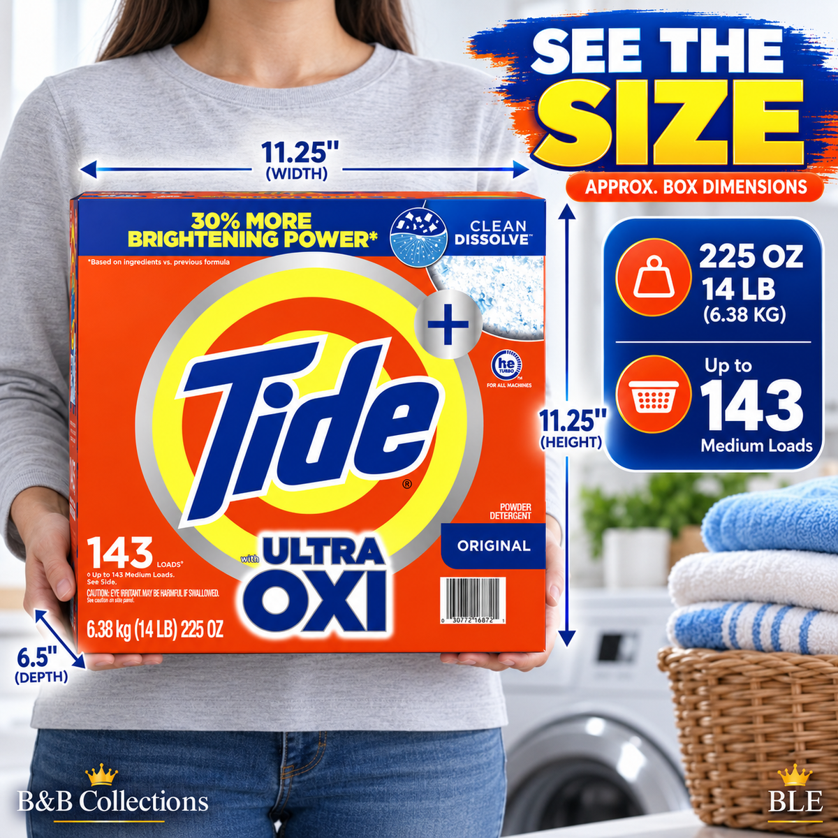 Tide Ultra OXI Original Powder Laundry Detergent, HE Compatible, Clean Dissolve, 143 Loads, 225 oz (14 lb)