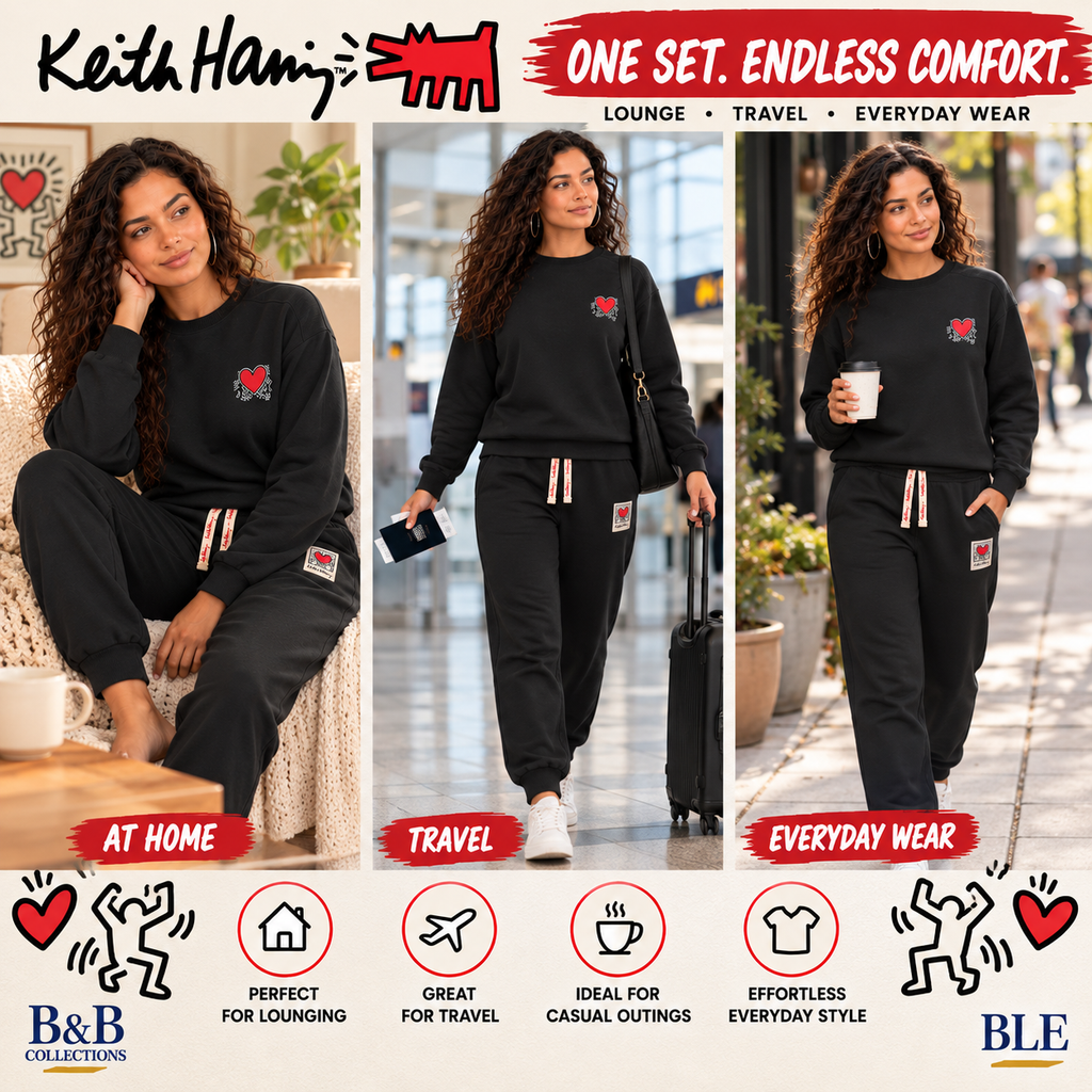 Keith Haring Women's 2-Piece Crewneck Sweatshirt & Jogger Fleece Lounge Set, Black, XX-Large