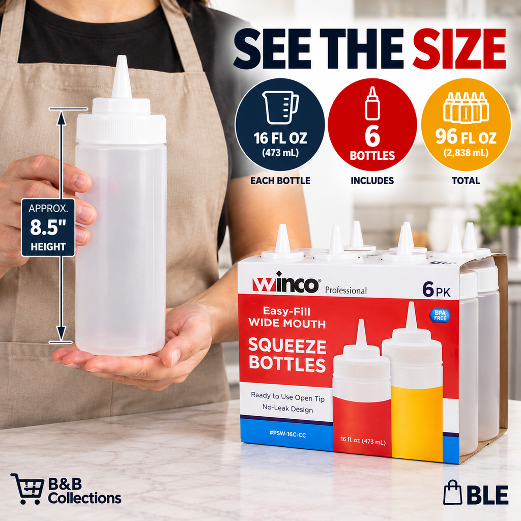 Winco Professional Easy-Fill Wide Mouth Squeeze Bottles, 16 fl oz Each, BPA-Free, No-Leak Design, Open Tip Condiment Dispensers, 6 Pack
