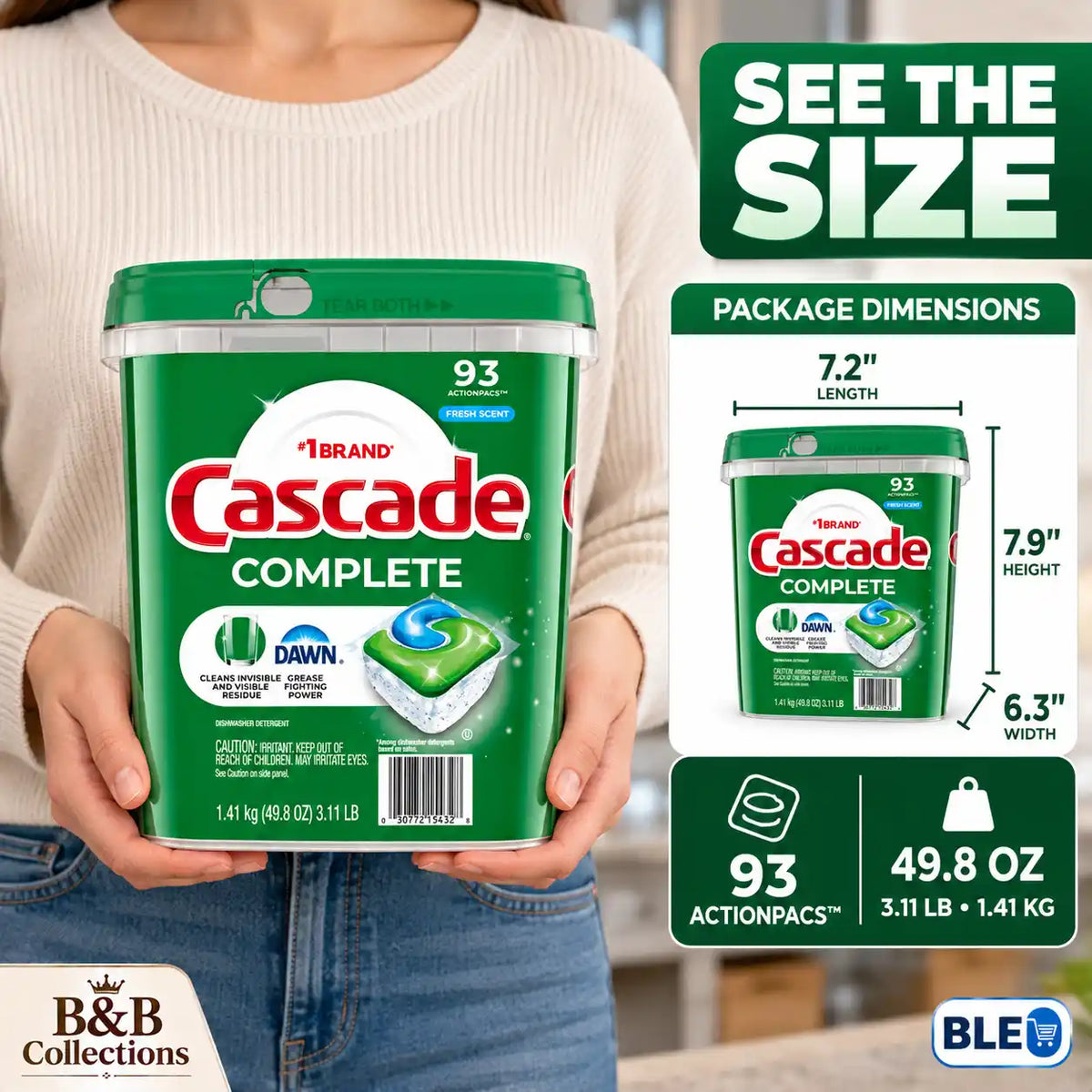 Cascade Complete ActionPacs Dishwasher Detergent with Dawn, Fresh Scent, 93 Count, 49.8 oz