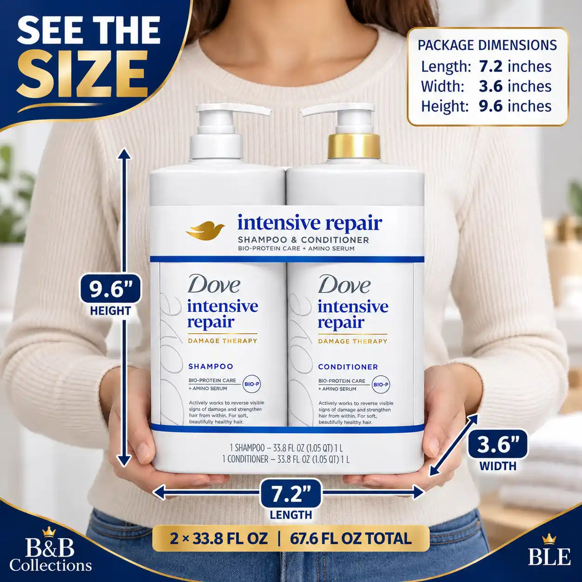 Dove Intensive Repair Shampoo & Conditioner Set, Damage Therapy with Bio-Protein Care + Amino Serum, 33.8 fl oz Each, 2 Pack, 67.6 fl oz Total