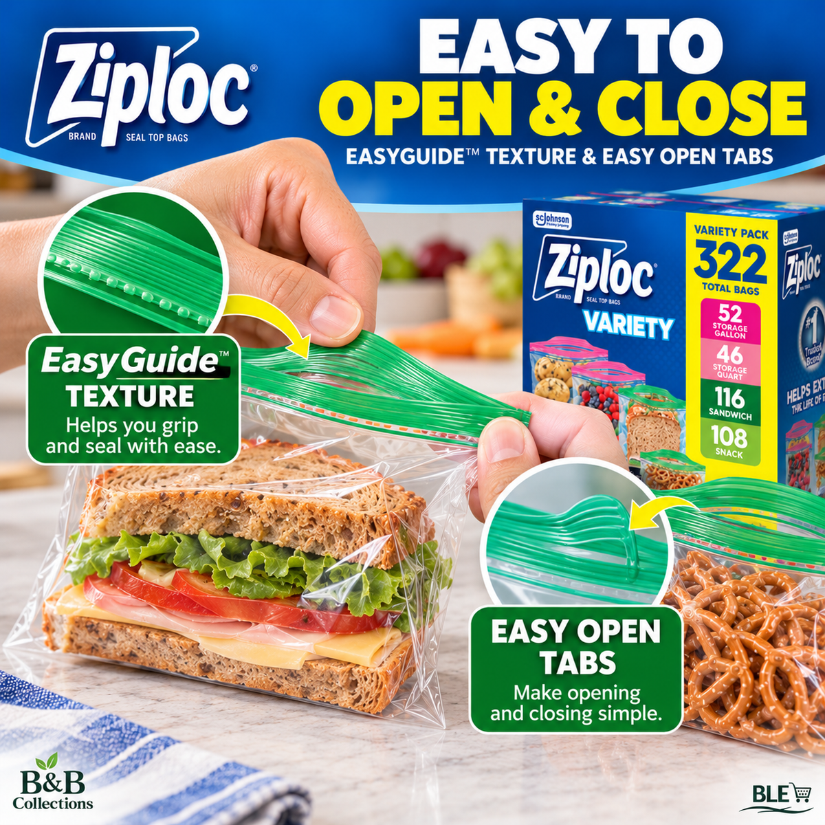 Ziploc Seal Top Food Storage Bags Variety Pack, 322 Count, Gallon, Quart, Sandwich & Snack Bags, Easy Open Tabs