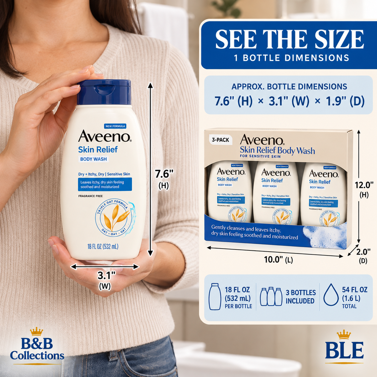 Aveeno Skin Relief Body Wash for Sensitive Skin, Soothing Triple Oat Formula, Fragrance-Free, 18 fl oz Each, 3-Pack (54 fl oz Total)
