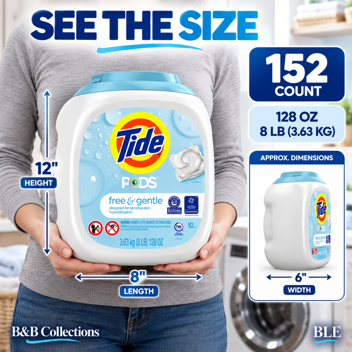 Tide PODS HE Laundry Detergent Pacs, Free & Gentle, Hypoallergenic, Sensitive Skin, 152 Count, 128 oz