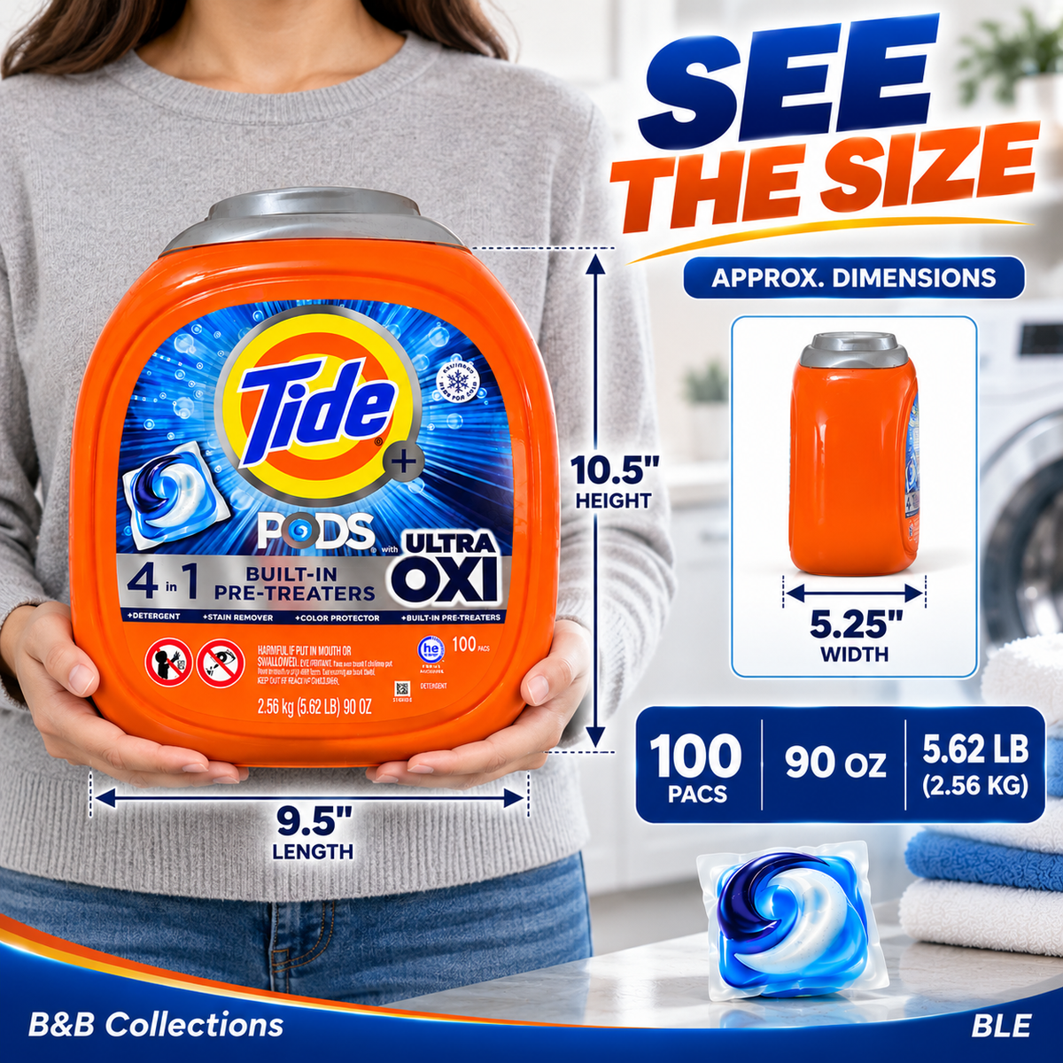 Tide PODS + Ultra OXI Laundry Detergent Pacs, 4-in-1 with Built-In Pre-Treaters, HE Compatible, 100 Count, 90 oz