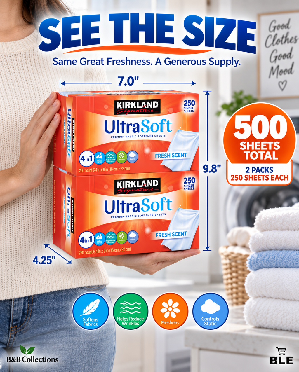 Kirkland Signature UltraSoft Premium Fabric Softener Sheets, Fresh Scent, 500 Count, 2 Packs of 250 Sheets