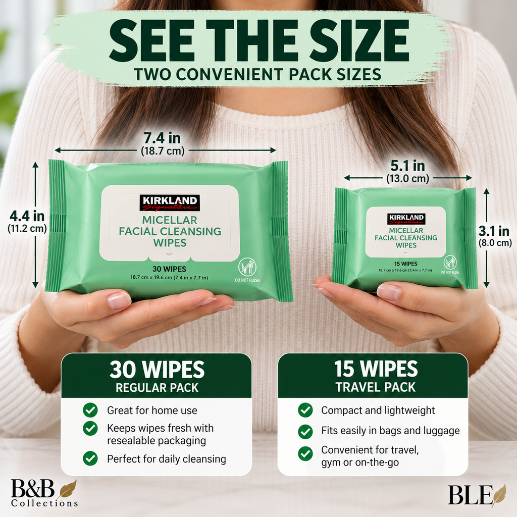 Kirkland Signature Micellar Facial Cleansing Wipes, 180 Count, 4 Regular Packs (30 Wipes Each) + 4 Travel Packs (15 Wipes Each), Makeup Remover, Resealable, Dual-Sided