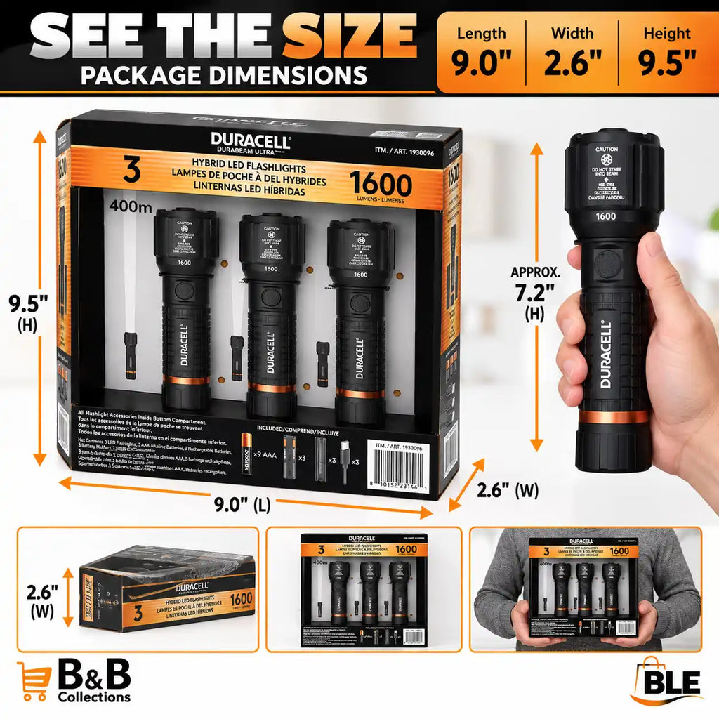 Duracell Hybrid LED Flashlights, 1600 Lumens, 400m Beam Distance, Rechargeable & Battery Powered, 3-Pack, Black