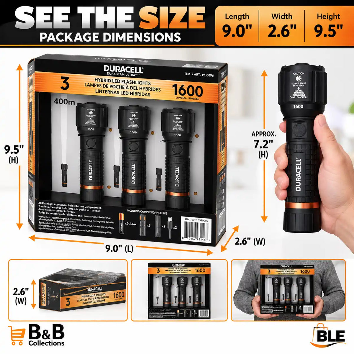Duracell Hybrid LED Flashlights, 1600 Lumens, 400m Beam Distance, Rechargeable & Battery Powered, 3-Pack, Black