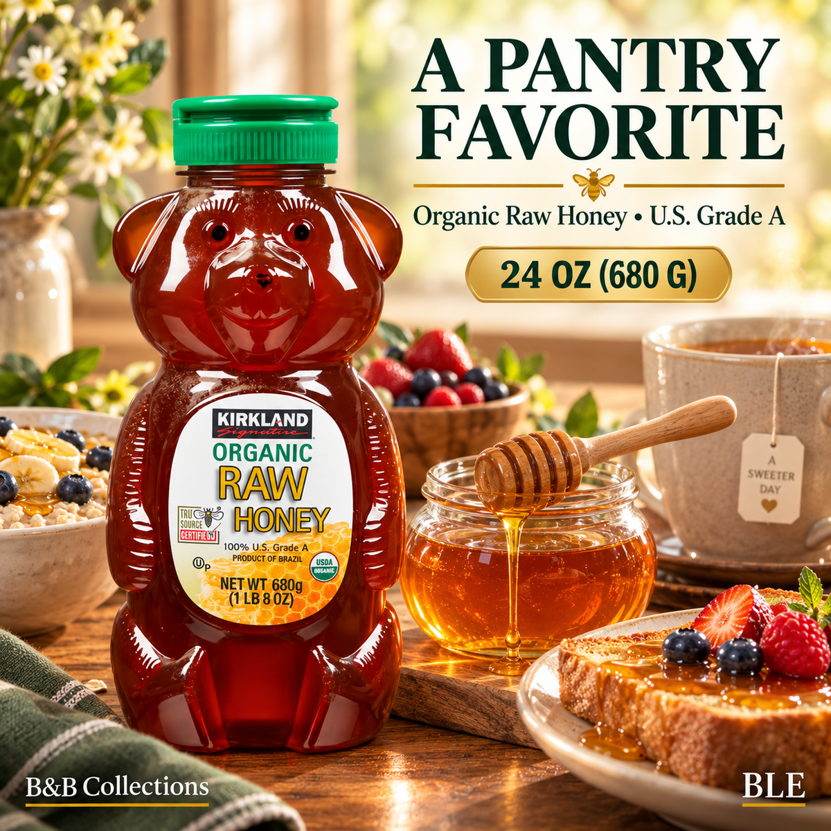Kirkland Signature Organic Raw Honey, Grade A, 24 oz (680 g), Bear-Shaped Squeeze Bottle