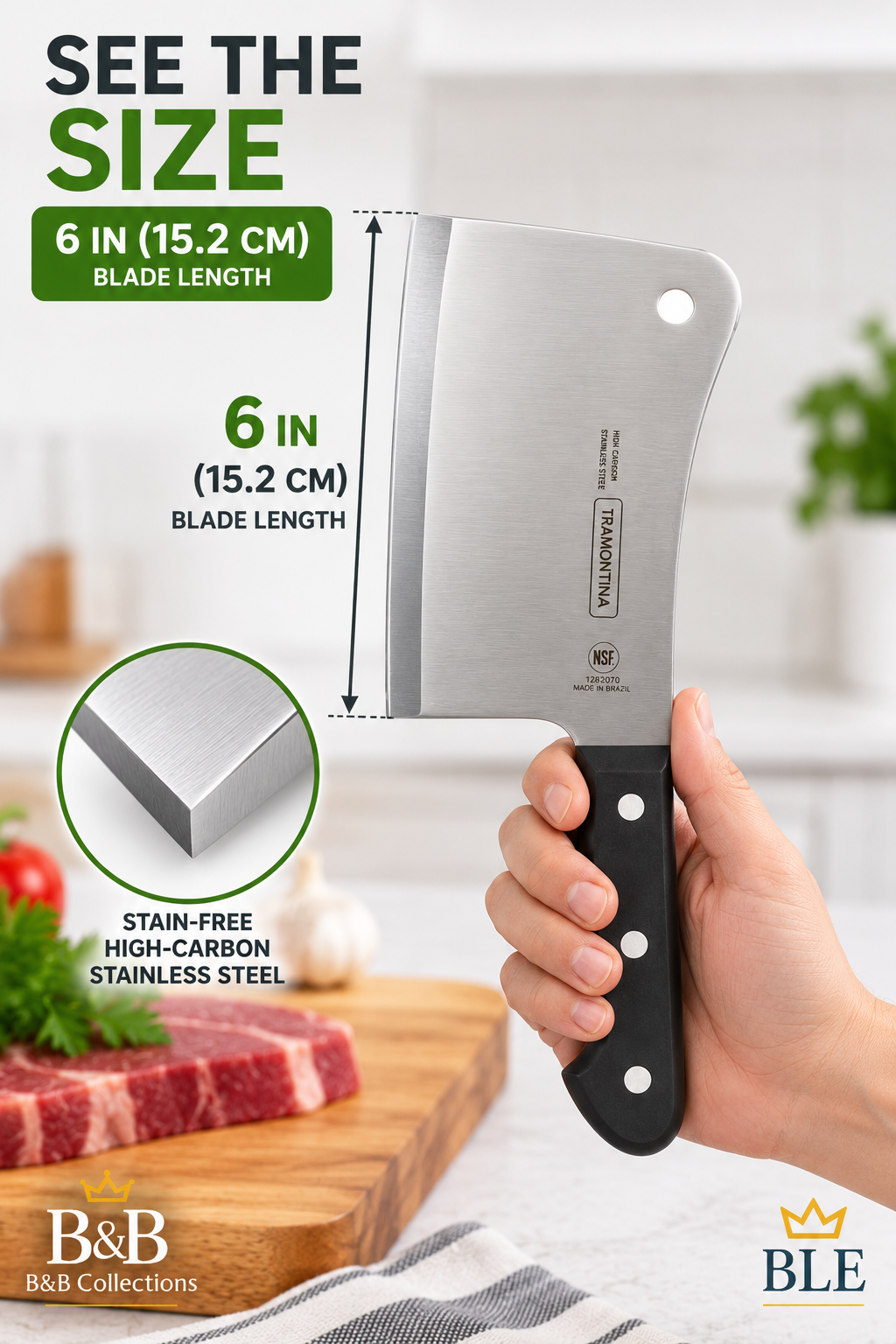 Tramontina Pro Line 6-Inch Chef's Cleaver, High-Carbon Stainless Steel Blade, Black Polycarbonate Handle, NSF Certified, Professional Kitchen Meat Cleaver