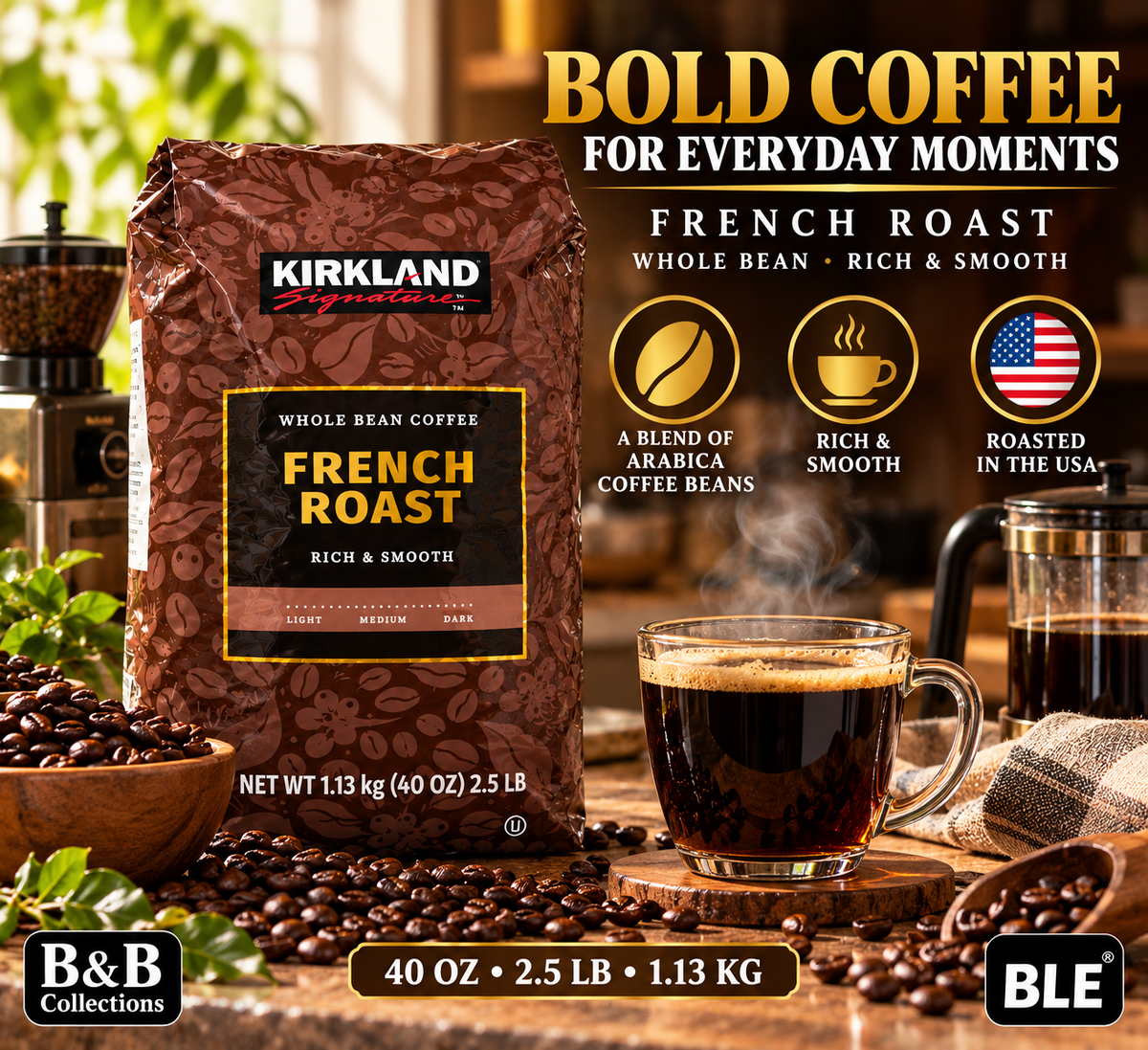 Kirkland Signature French Roast Whole Bean Coffee, Rich & Smooth Dark Roast Arabica Blend, 40 oz (2.5 lb / 1.13 kg)