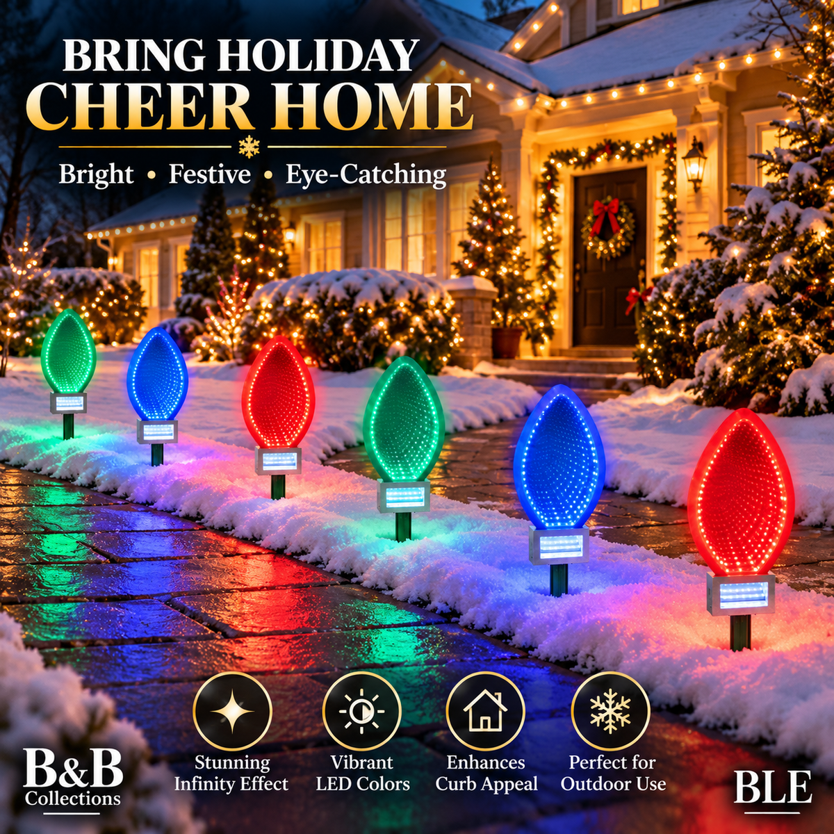 Infinity Mirror Pathway Lights, 6-Piece Set, 468 Steady-On LEDs, 15 FT, Red Green Blue Christmas Decorations, Hanging or Ground Stake, Indoor/Outdoor