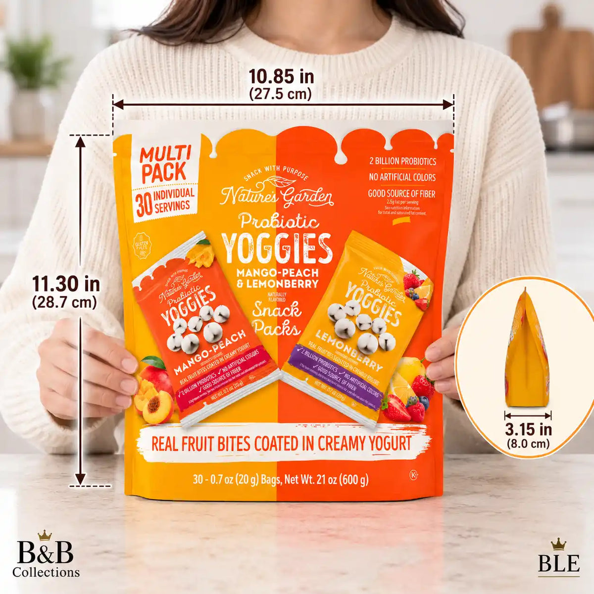 Nature's Garden Probiotic Yoggies Fruit Snacks, Mango-Peach & Lemonberry Flavors, Yogurt-Coated Fruit Bites, 2 Billion Probiotics, Gluten-Free, 30 Individually Packaged Packs, 21 oz