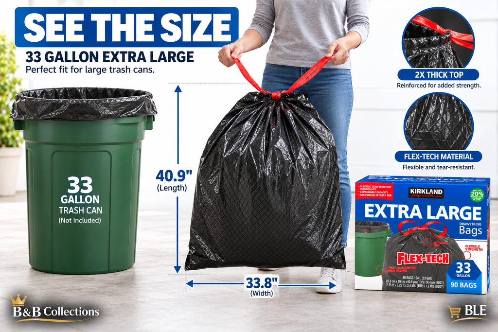 Kirkland Signature Flex-Tech Extra Large Drawstring Trash Bags, 33 Gallon, 90 Count