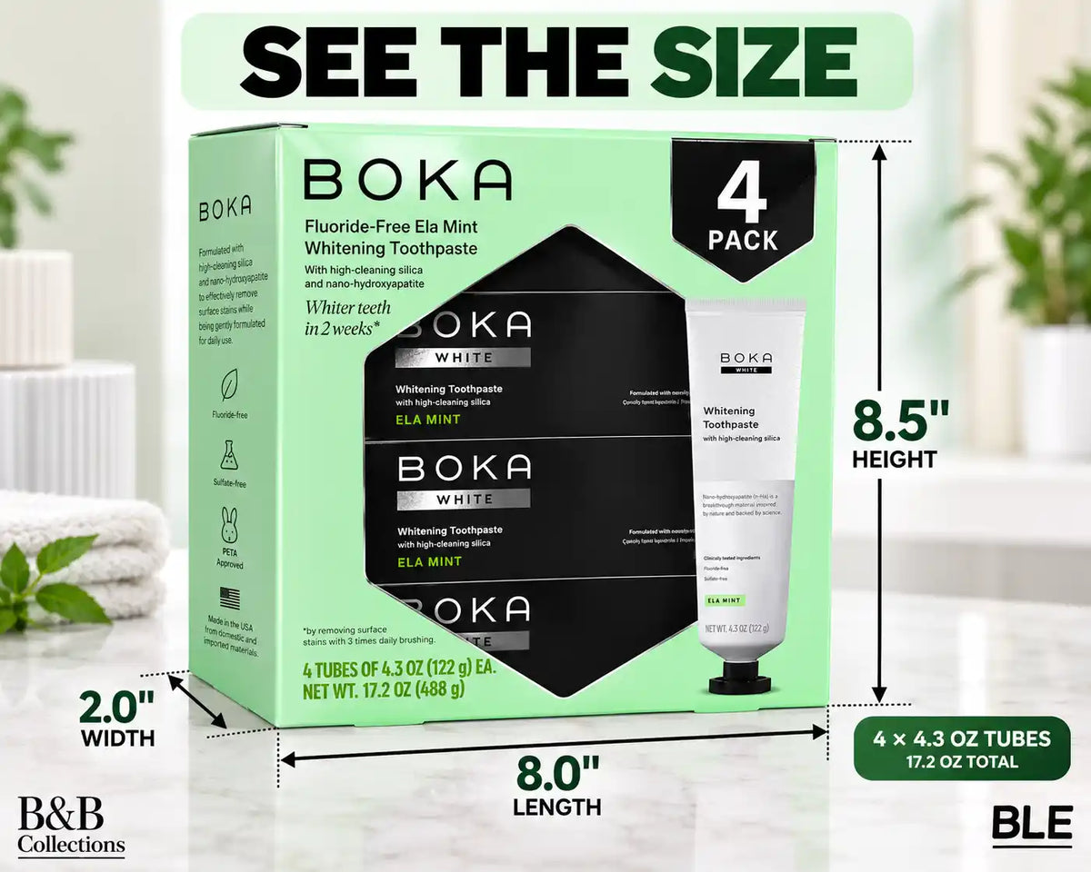 Boka Fluoride-Free Ela Mint Whitening Toothpaste with Nano-Hydroxyapatite & High-Cleaning Silica, 4.3 oz Tubes, 4 Pack, 17.2 oz Total