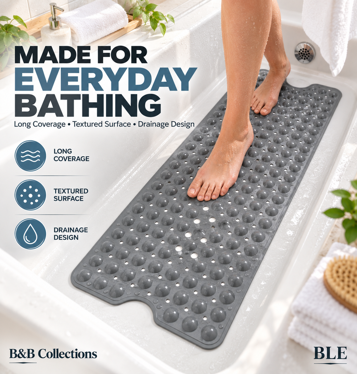 RCH Bath Tub Mat Non-Slip 40 x 16 Inch - Shower Mat for Bathtub with Suction Cups - Machine Washable (LIGHT GREY)